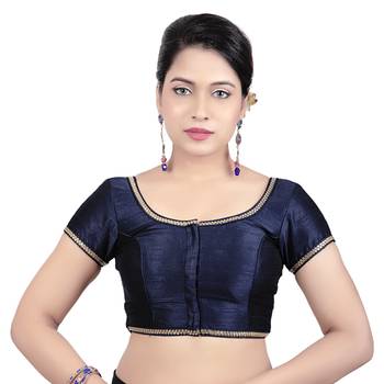 Navy Dupion Silk Princess Cut Padded Short Sleeves Readymade Saree Blouse 1