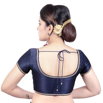Navy Dupion Silk Princess Cut Padded Short Sleeves Readymade Saree Blouse 2