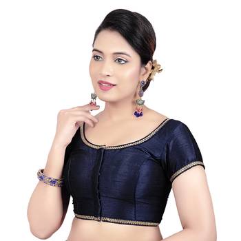Navy Dupion Silk Princess Cut Padded Short Sleeves Readymade Saree Blouse 3