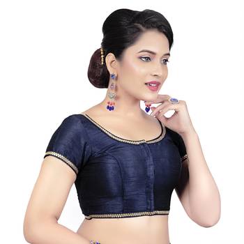 Navy Dupion Silk Princess Cut Padded Short Sleeves Readymade Saree Blouse 4