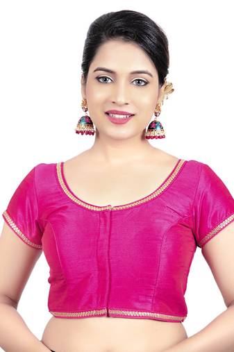 Pink Dupion Silk Princess Cut Padded Short Sleeves Readymade Saree Blouse