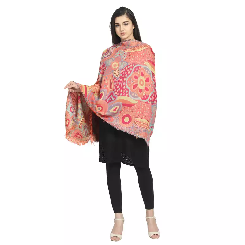 Orange & Multicolor Viscose Rayon Woven Design Abstract Geometric Shawl