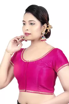 Pink Dupion Silk Princess Cut Padded Short Sleeves Readymade Saree Blouse