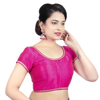 Pink Dupion Silk Princess Cut Padded Short Sleeves Readymade Saree Blouse 4