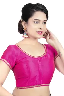 Pink Dupion Silk Princess Cut Padded Short Sleeves Readymade Saree Blouse
