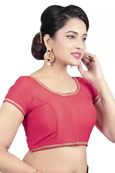 Red Dupion Silk Princess Cut Padded Short Sleeves Readymade Saree Blouse