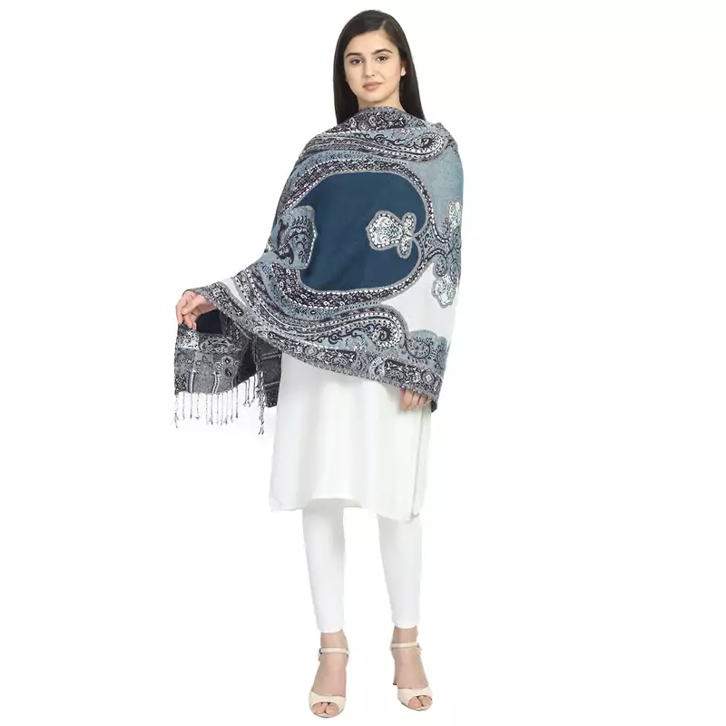 Navy & Multicolor Woolen Woven Design Paisley Shawl