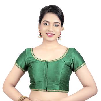 Green Dupion Silk Princess Cut Padded Short Sleeves Readymade Saree Blouse 1
