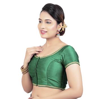 Green Dupion Silk Princess Cut Padded Short Sleeves Readymade Saree Blouse 3