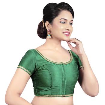 Green Dupion Silk Princess Cut Padded Short Sleeves Readymade Saree Blouse 4