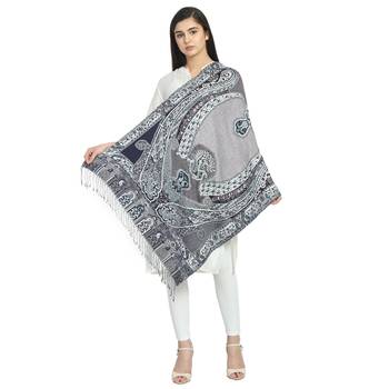 Navy & Multicolor Woolen Woven Design Paisley Shawl 5