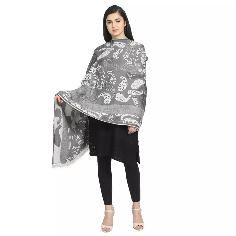 Dull Green Viscose Rayon Woven Design Abstract Botanical Shawl