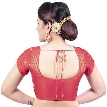 Brocade Red Princess Cut Padded Short Sleeves Readymade Saree Blouse 2