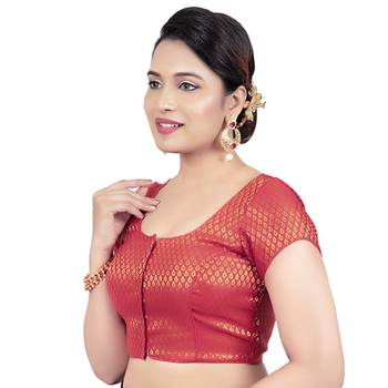 Brocade Red Princess Cut Padded Short Sleeves Readymade Saree Blouse 3