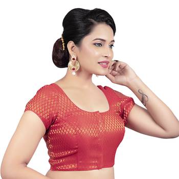 Brocade Red Princess Cut Padded Short Sleeves Readymade Saree Blouse 4