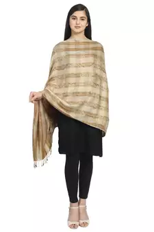 Beige Viscose Rayon Woven Design Striped Shawl