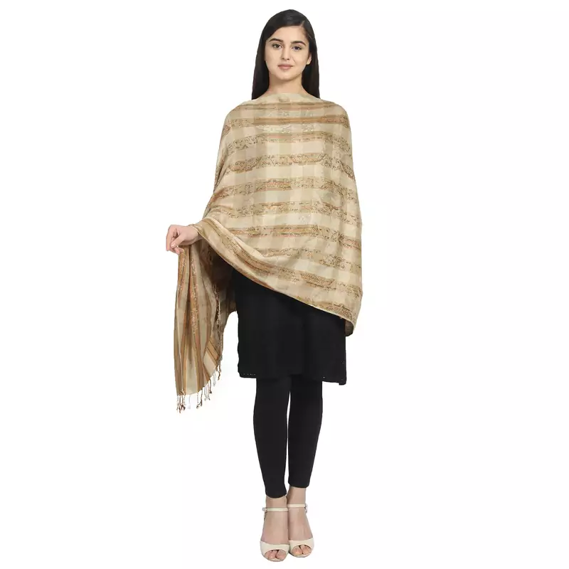 Beige Viscose Rayon Woven Design Striped Shawl