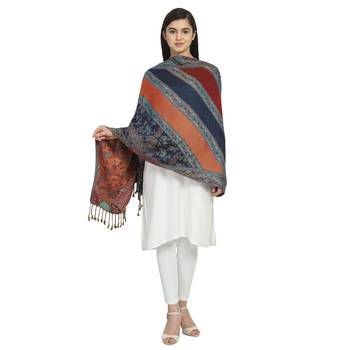 Navy & Multicolor Viscose Rayon Woven Design Floral Paisley Shawl 1
