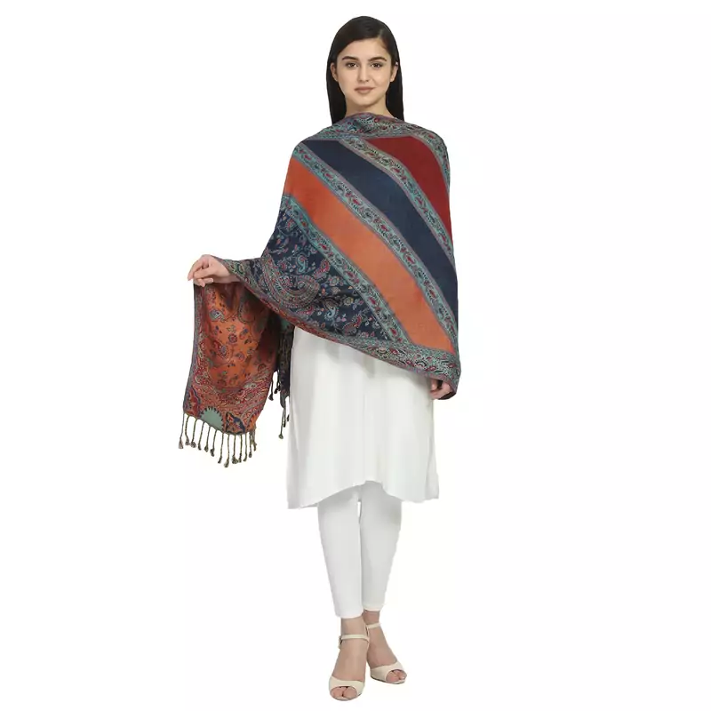 Navy & Multicolor Viscose Rayon Woven Design Floral Paisley Shawl