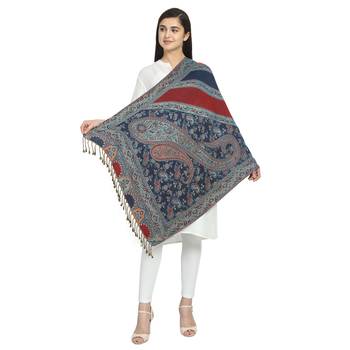 Navy & Multicolor Viscose Rayon Woven Design Floral Paisley Shawl 2