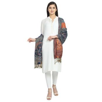 Navy & Multicolor Viscose Rayon Woven Design Floral Paisley Shawl 3
