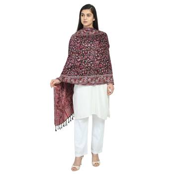Black Wine & Multicolor Viscose Rayon Woven Design Floral Paisley Shawl 1