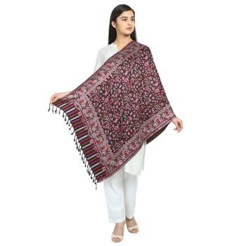 Black Wine & Multicolor Viscose Rayon Woven Design Floral Paisley Shawl 2