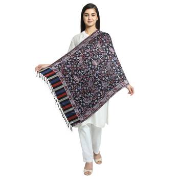 Black Navy & Multicolor Viscose Rayon Woven Design Floral Paisley Shawl 2