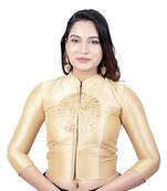 Womens Gold Stand Coller Dupion Silk Sleeves Readymade Long Saree Blouse