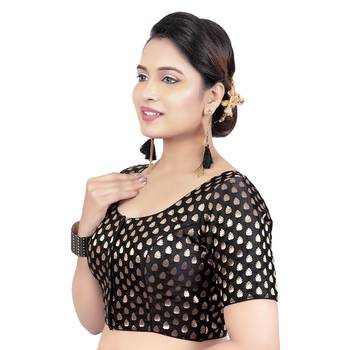 Womens Brocade Black Readymade Saree Blouse 3