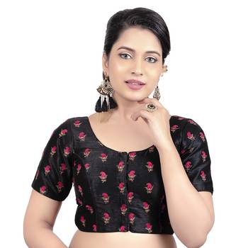Womens Black Dupion Silk Embroidered Readymade Saree Blouse 1