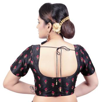 Womens Black Dupion Silk Embroidered Readymade Saree Blouse 2