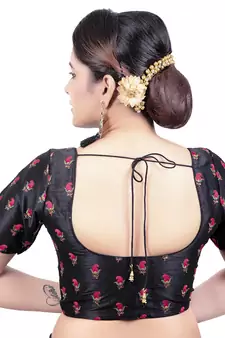 Womens Black Dupion Silk Embroidered Readymade Saree Blouse