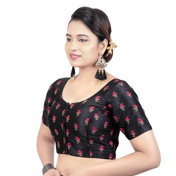 Womens Black Dupion Silk Embroidered Readymade Saree Blouse 3