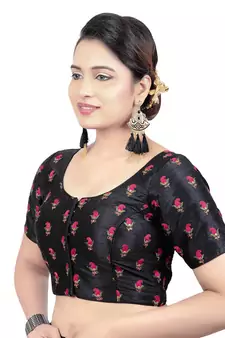 Womens Black Dupion Silk Embroidered Readymade Saree Blouse