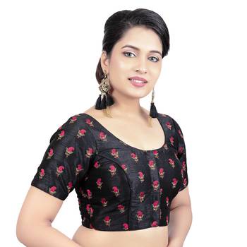 Womens Black Dupion Silk Embroidered Readymade Saree Blouse 4