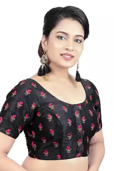 Womens Black Dupion Silk Embroidered Readymade Saree Blouse