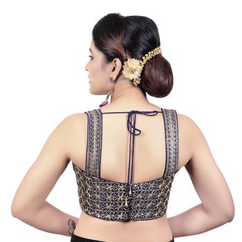 Womens Brocade Navy Blue Zari Work Paghetti Strap Readymade Saree Blouse 2