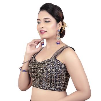 Womens Brocade Navy Blue Zari Work Paghetti Strap Readymade Saree Blouse 3