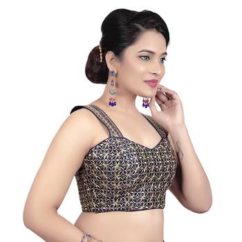 Womens Brocade Navy Blue Zari Work Paghetti Strap Readymade Saree Blouse 4