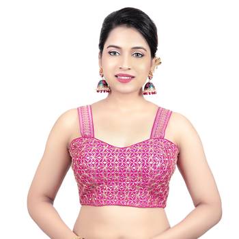 Womens Brocade Pink Zari Work Paghetti Strap Readymade Saree Blouse 1