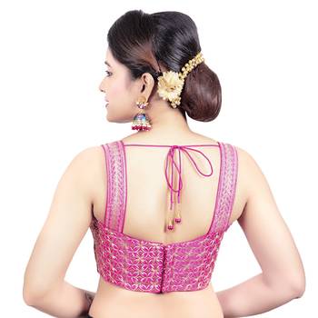 Womens Brocade Pink Zari Work Paghetti Strap Readymade Saree Blouse 2