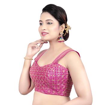 Womens Brocade Pink Zari Work Paghetti Strap Readymade Saree Blouse 3