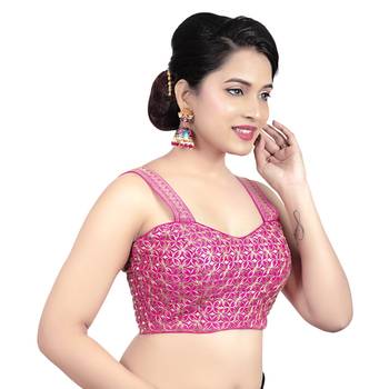 Womens Brocade Pink Zari Work Paghetti Strap Readymade Saree Blouse 4