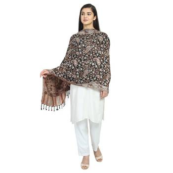 Black Brown & Multicolor Viscose Rayon Woven Design Floral Paisley Shawl 1