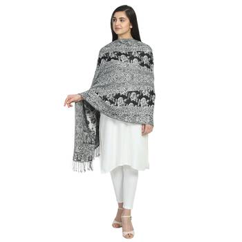 Black & White Viscose Rayon Woven Design Floral Paisley Reversible Shawl 1