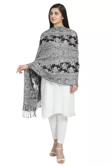 Black & White Viscose Rayon Woven Design Floral Paisley Reversible Shawl