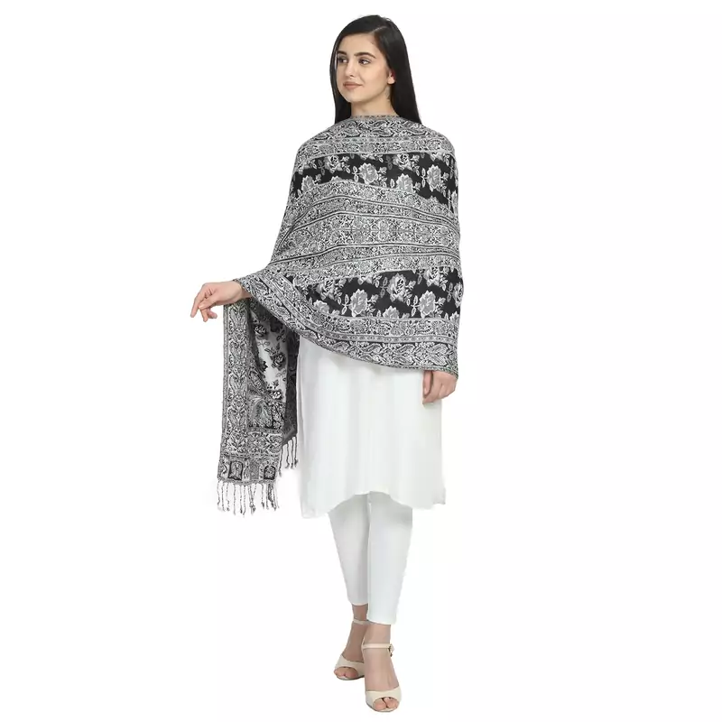 Black & White Viscose Rayon Woven Design Floral Paisley Reversible Shawl