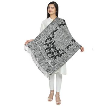 Black & White Viscose Rayon Woven Design Floral Paisley Reversible Shawl 2