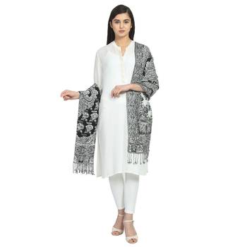 Black & White Viscose Rayon Woven Design Floral Paisley Reversible Shawl 3
